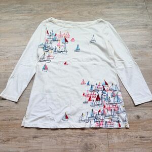 Y2K Whimsical Sailboat Print Top XS White Nautical Coastal Cotton 3/4 Sleeve